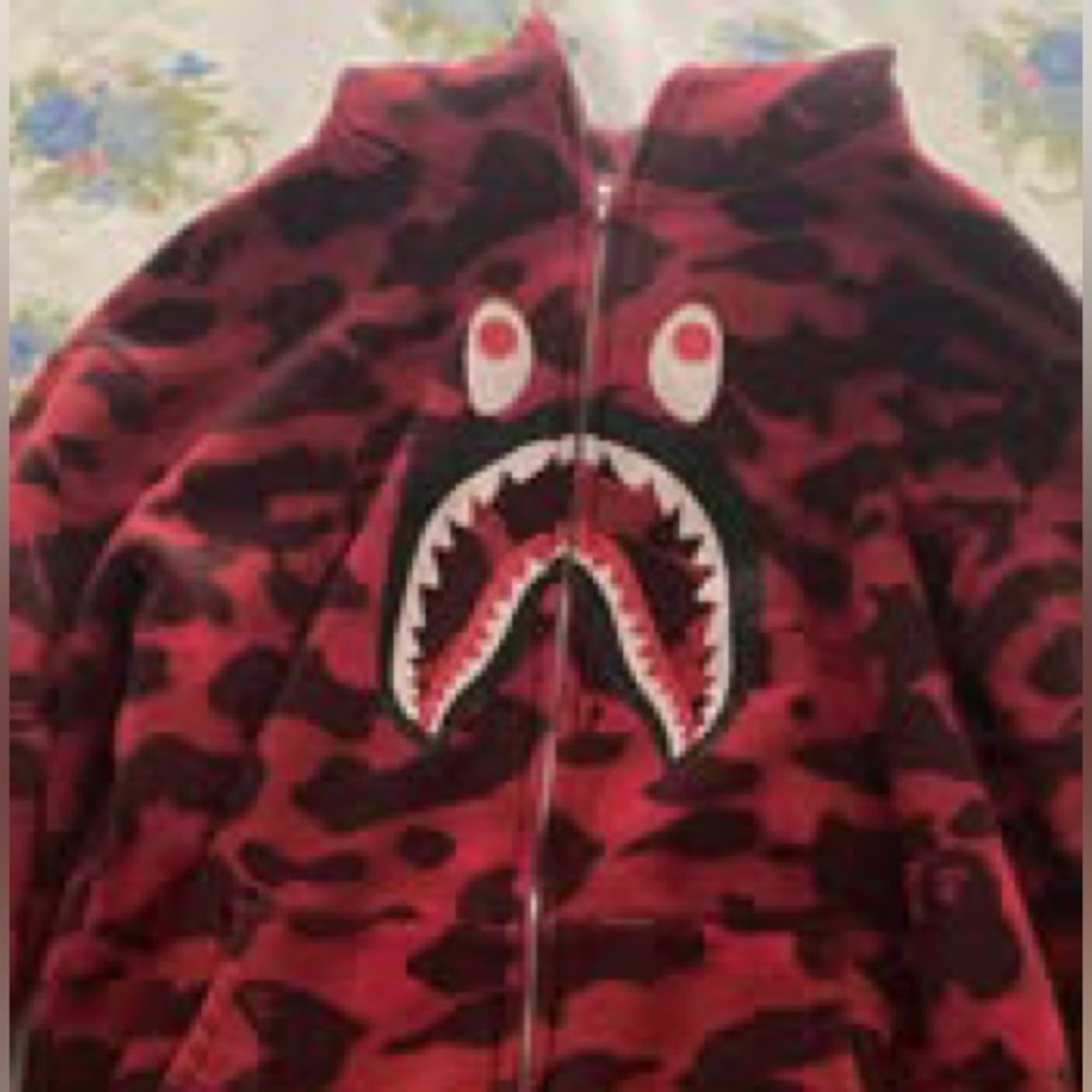 Bape Red and Black Camo Zip Up Sweater